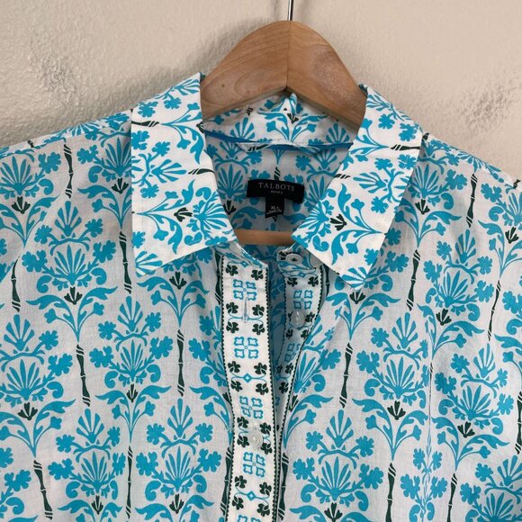 Talbots Womens Petite XL Modern Classic Button Down Shirt Damask Bouquet Blouse - Picture 7 of 12